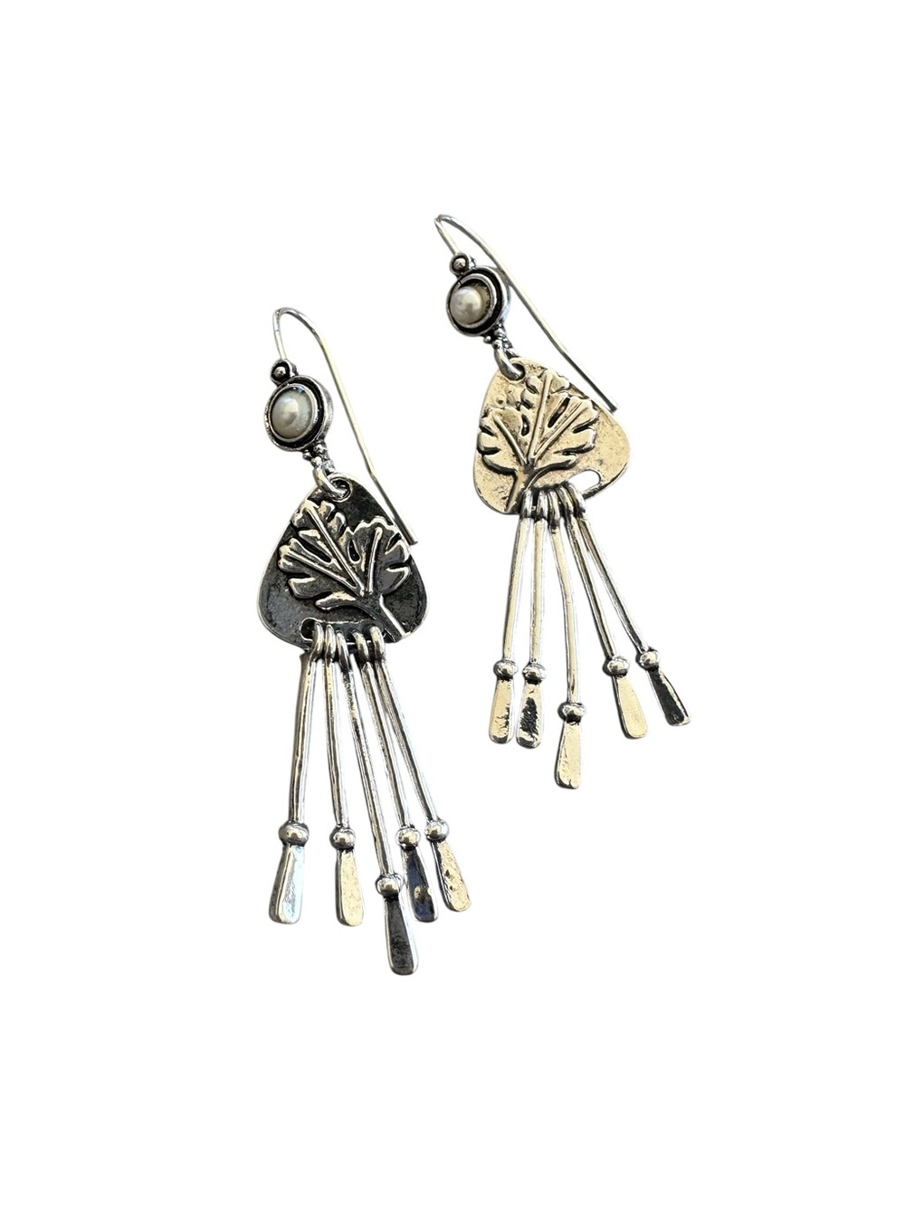 Silver Geometric  Leaf Design with Metal Tassel Effect Drop Earrings